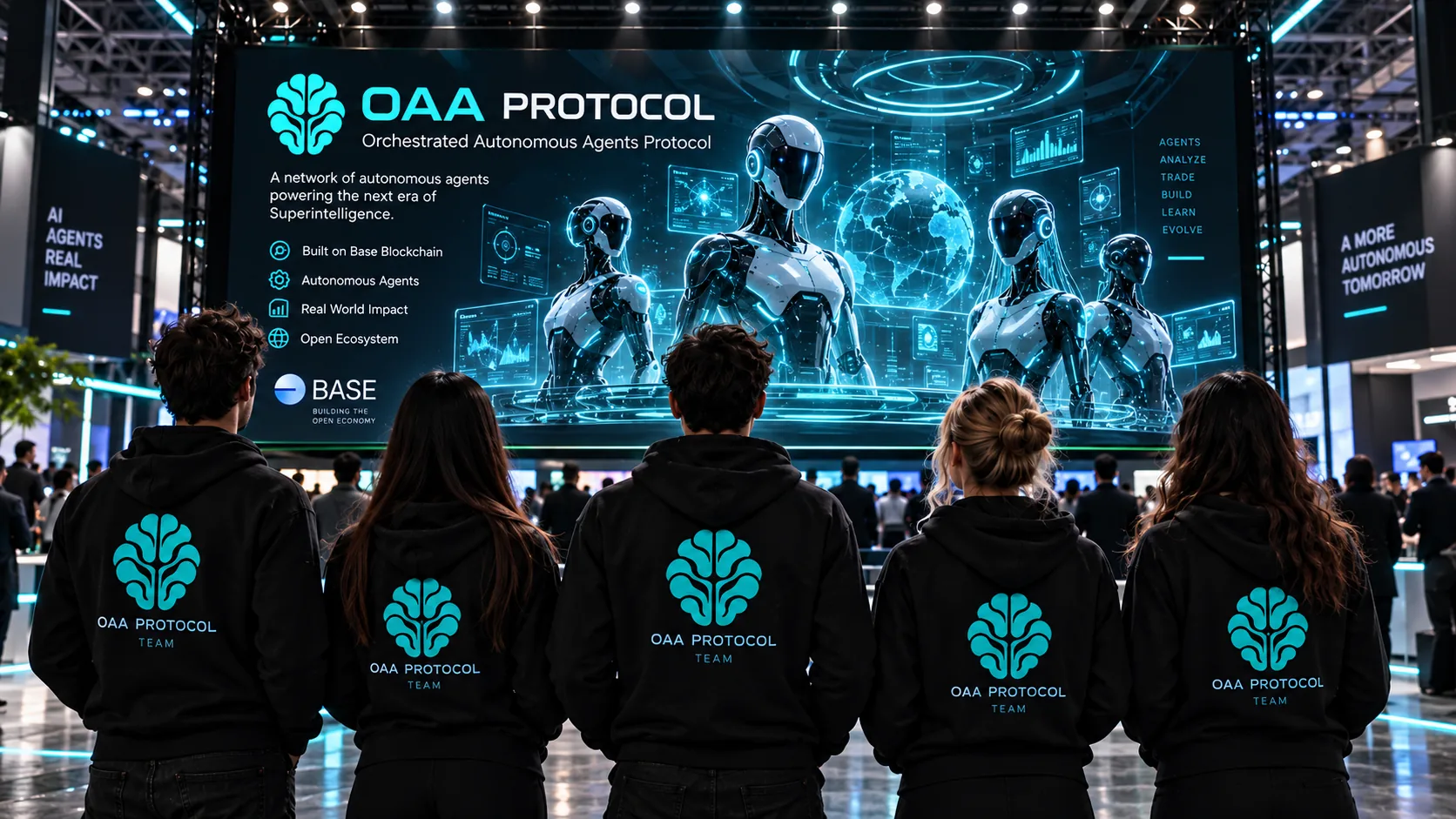 The OAA Protocol team in front of the OAA stage screen